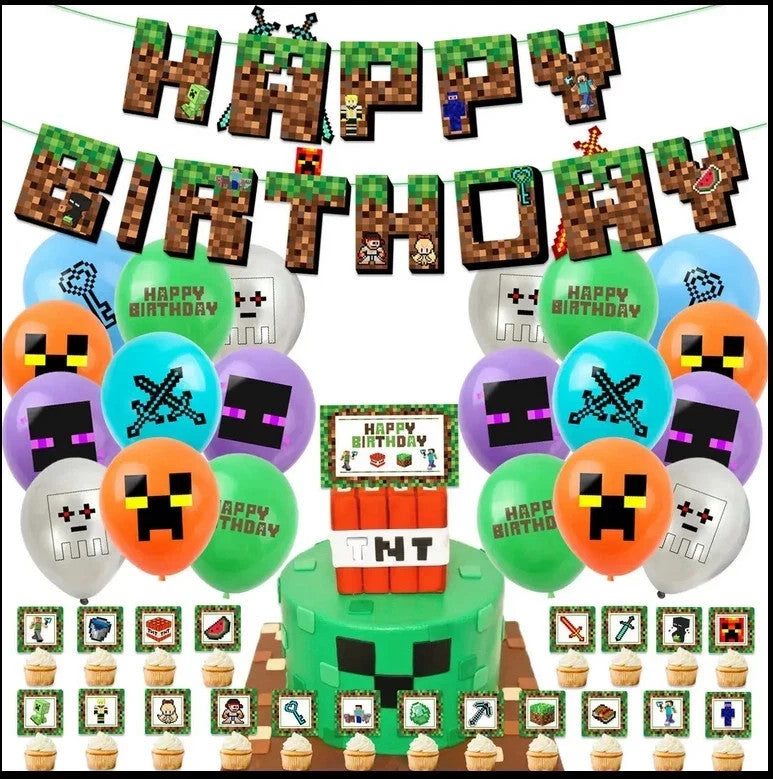 Game Mine black and green toy gift basket with Minecraft character balloons and cake toppers.