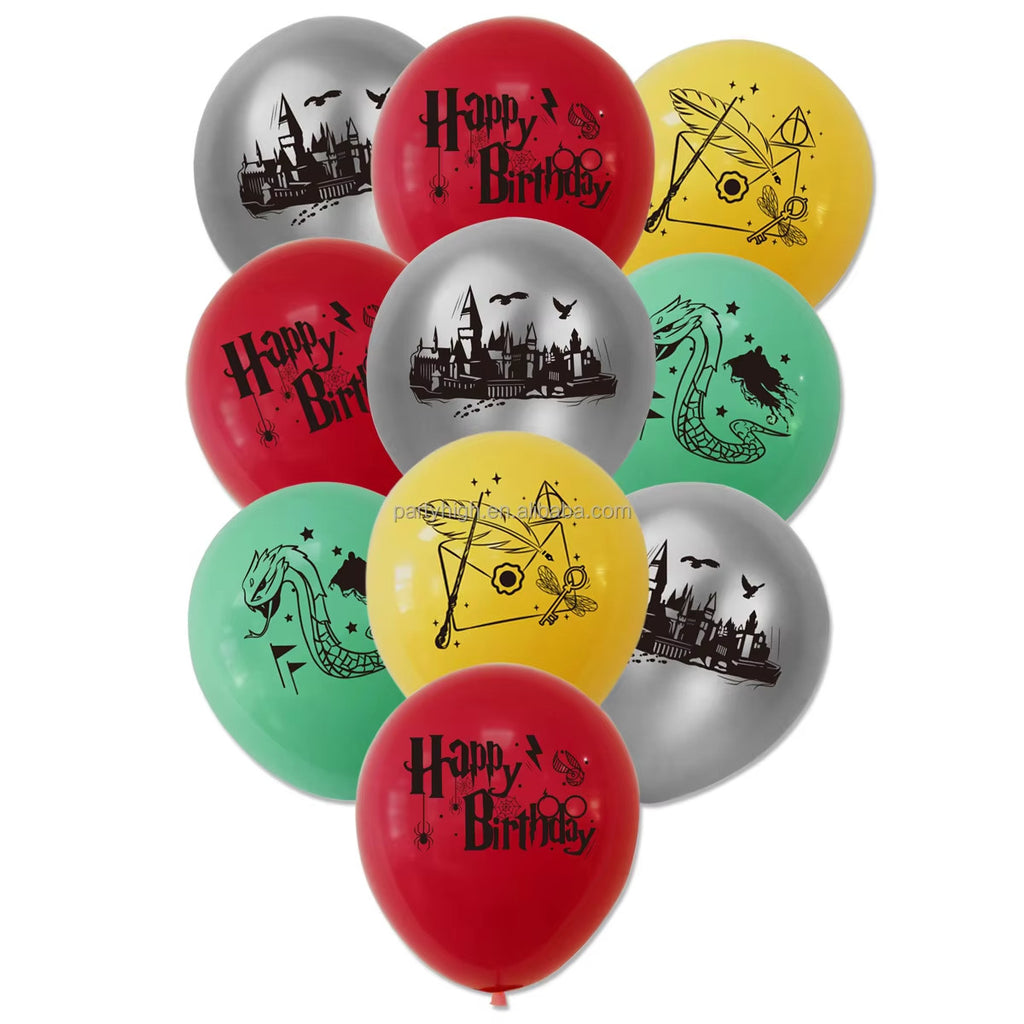 XXL Harry Potter birthday decoration set red and yellow with wizard-themed balloons and banner.