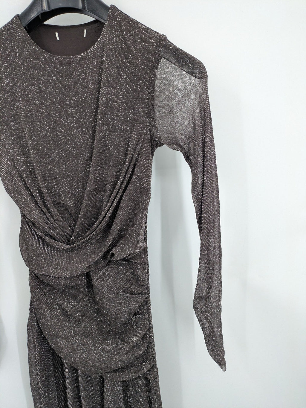 Abendkleid grey A-line dress metallic shimmer draped waist long sheer sleeves