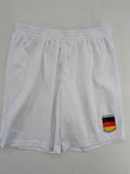 UEFA EURO 2024 white shorts with Germany crest and logo, elastic waistband, breathable material.