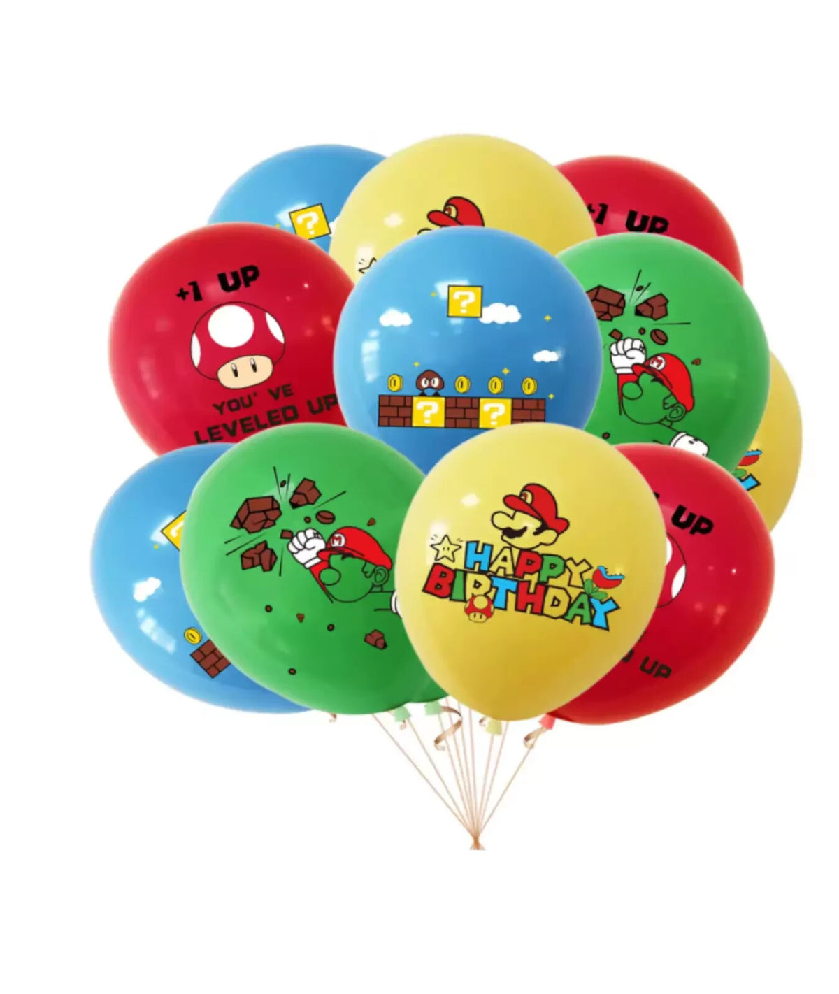 XXL yellow Super Mario party supply kit with themed tablecloth, cups, and birthday banner.