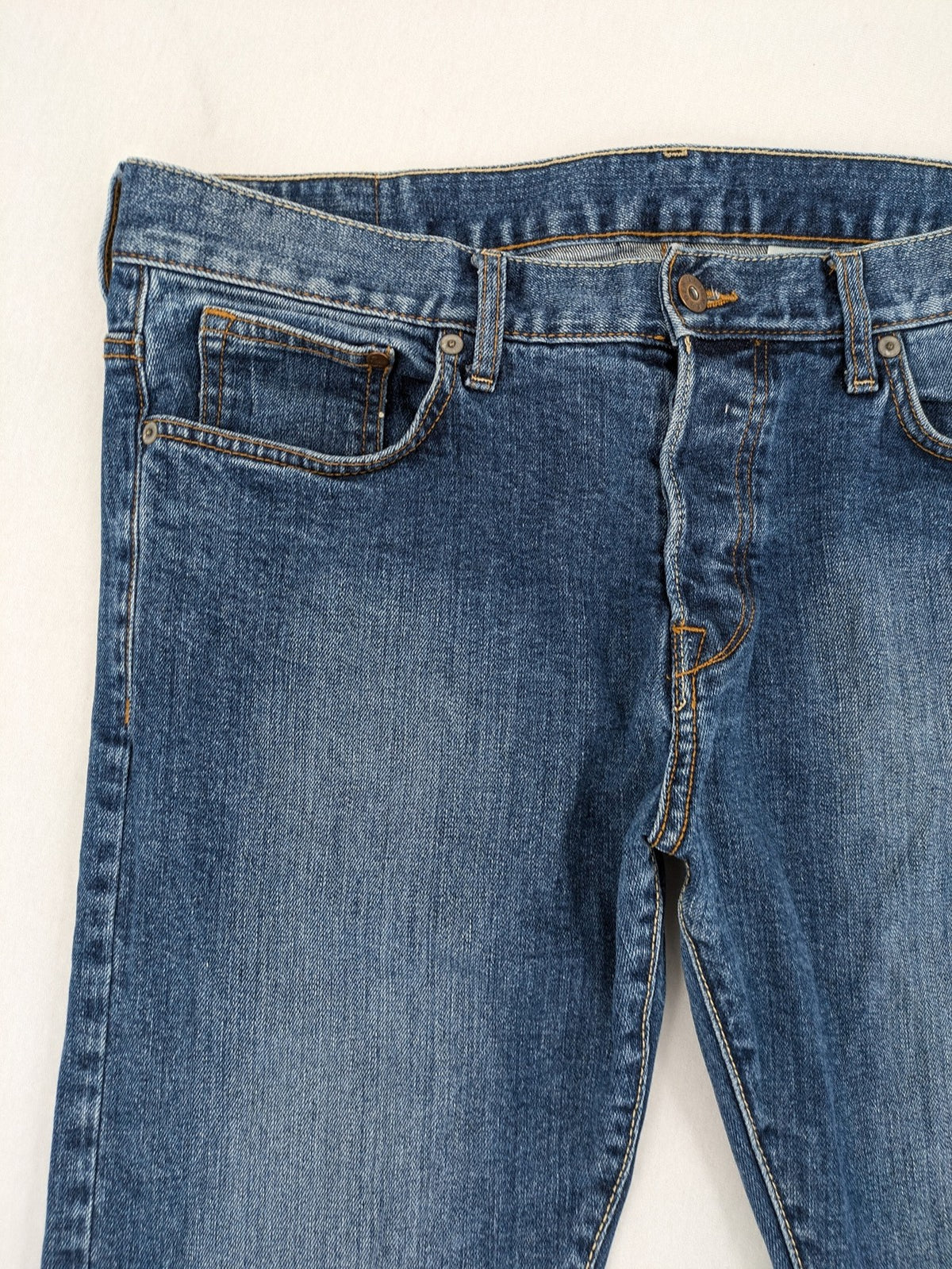 H&M blue slim fit jeans low waist 5-pocket style button fly stretch denim