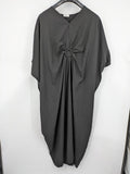 R.R grey kaftan dress with V-neck, oversized fit, and central ring detail.