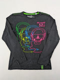 here there pink long sleeve shirt neon skull graphic with headphones and green contrast stitching