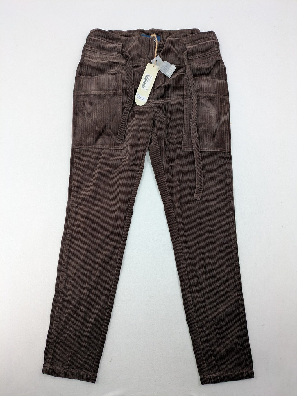 Alma & Lovis brown cord pants with drawstring, casual fit, and patch pockets.
