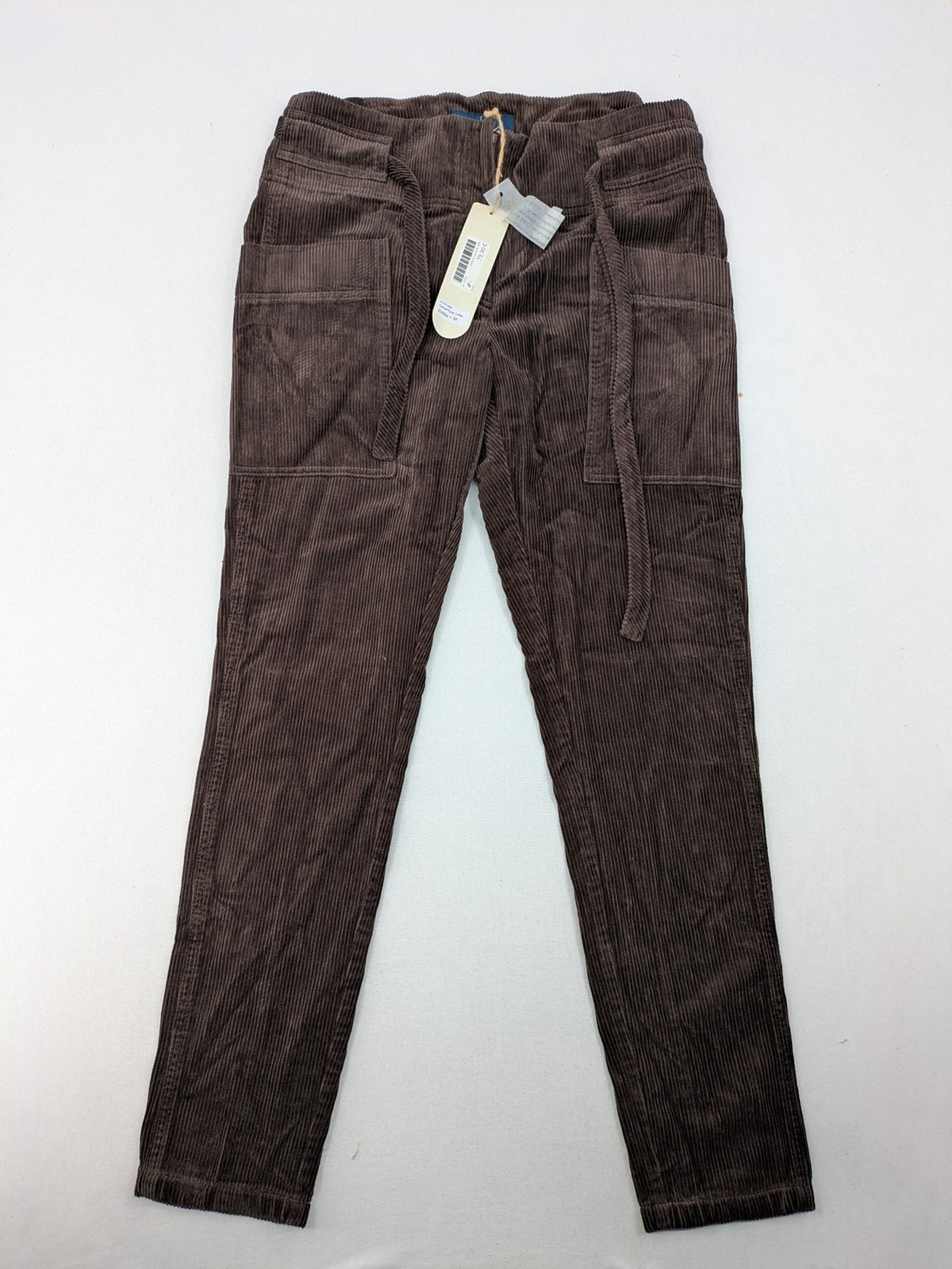 Alma & Lovis brown cord pants with drawstring, casual fit, and patch pockets.