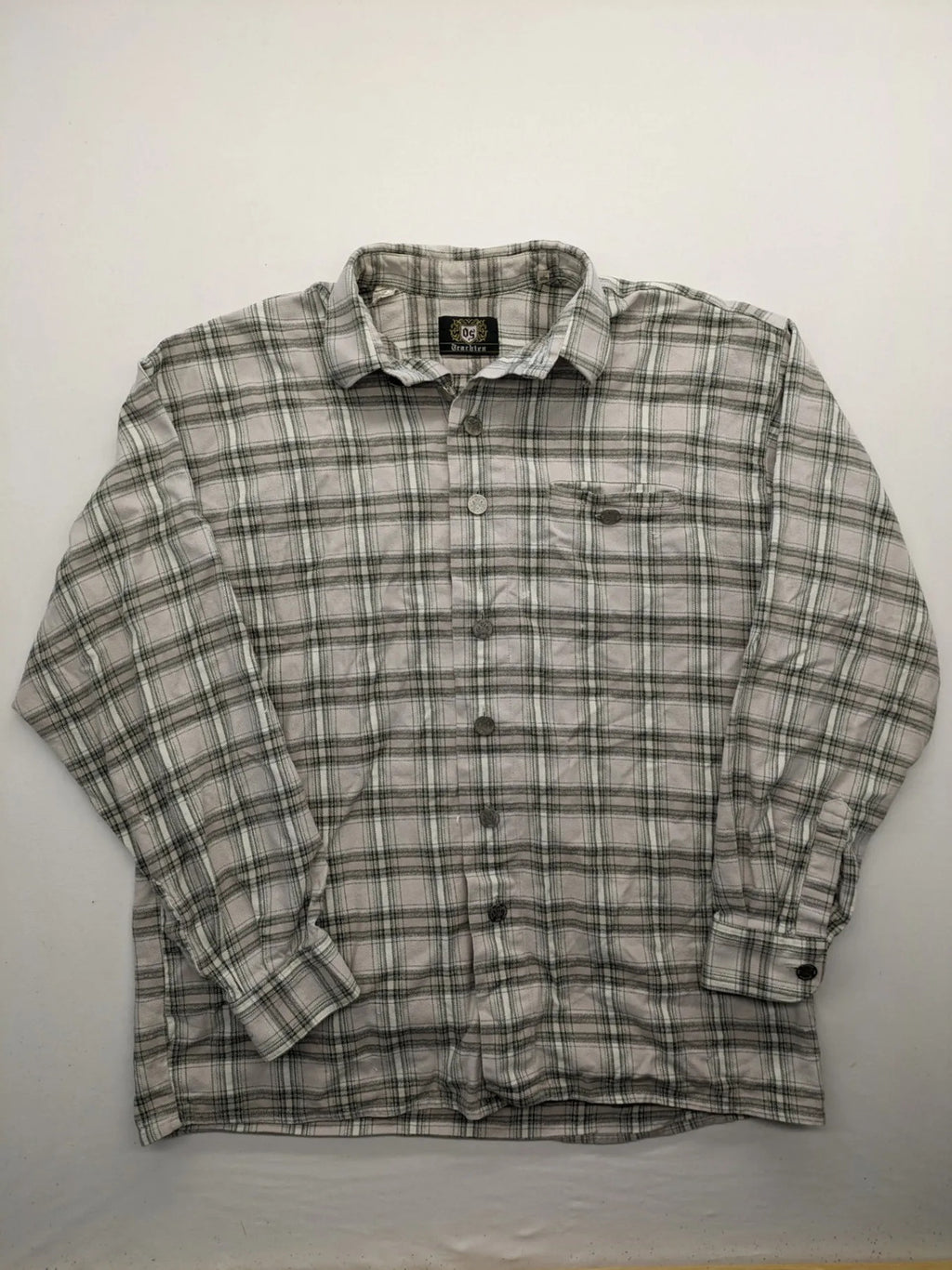 OS Trachten beige green checkered long sleeve shirt with button-up front and chest pocket.