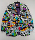Opposuits blue and green blazer with vibrant geometric pattern and purple satin lining.