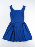 SHEIN blue skater dress A-line fit and flare, square neckline, sleeveless, textured fabric.