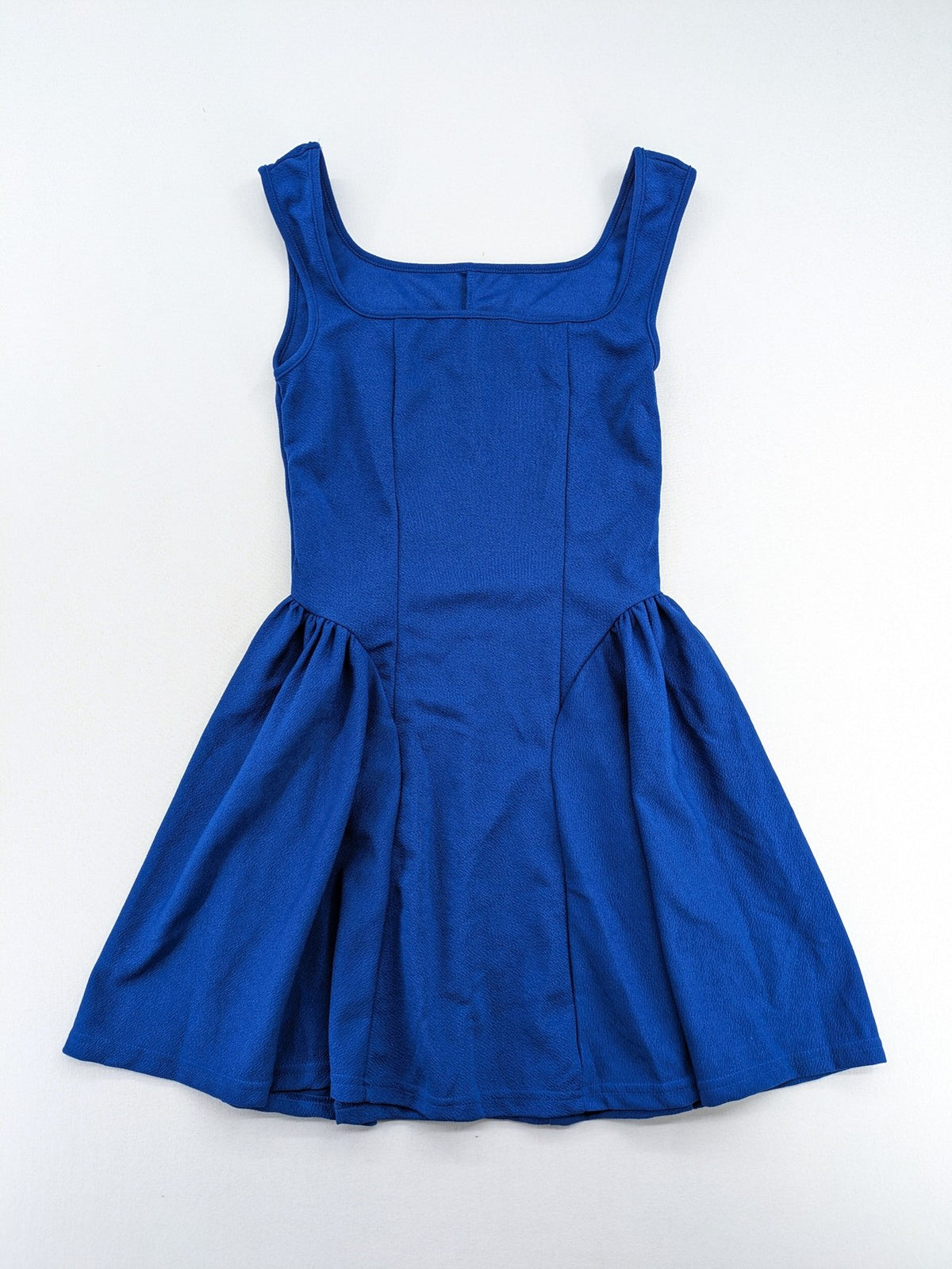 SHEIN blue skater dress A-line fit and flare, square neckline, sleeveless, textured fabric.
