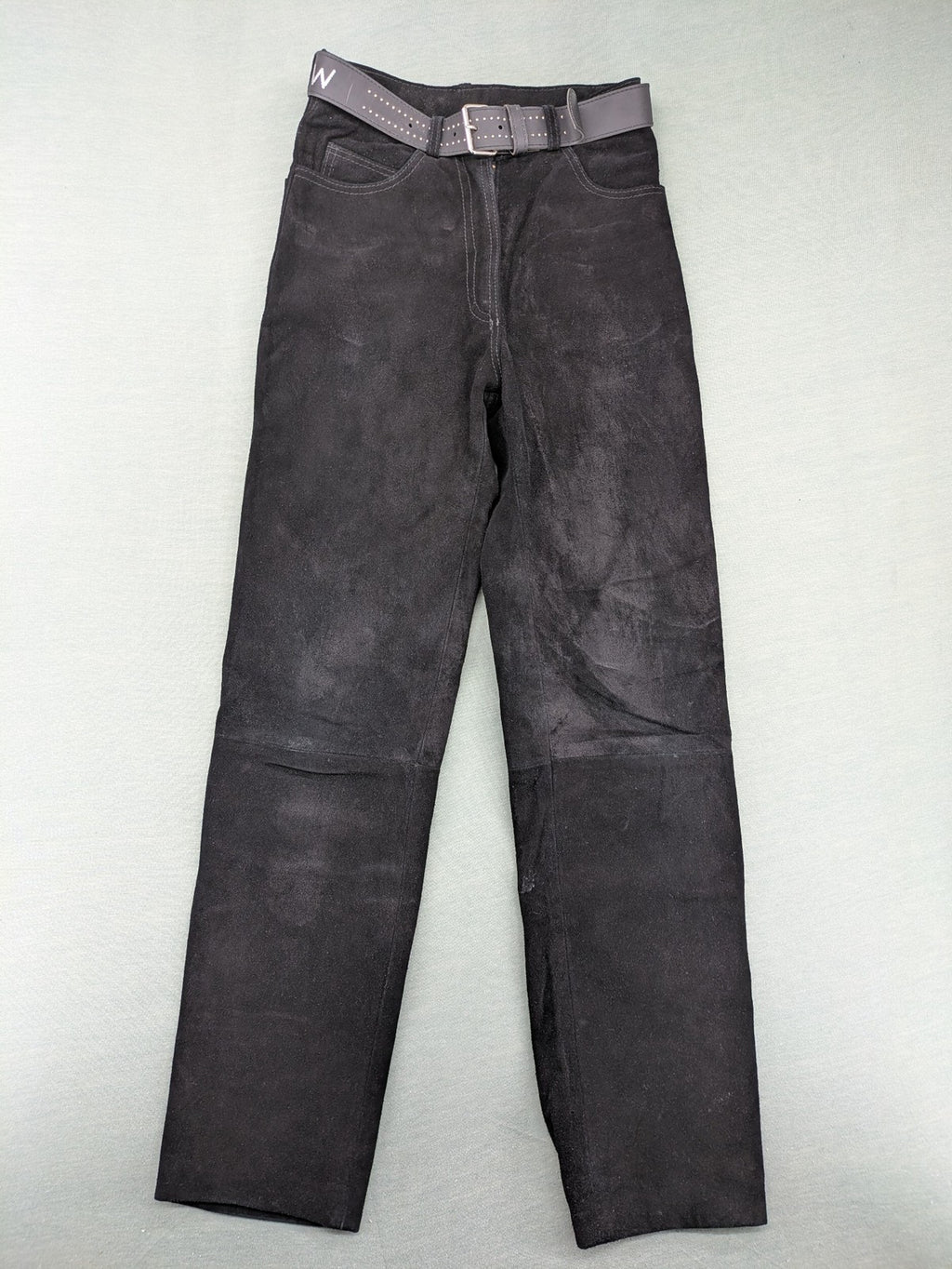 Silhouette black vintage pants high-waisted genuine suede five-pocket style with studded belt.