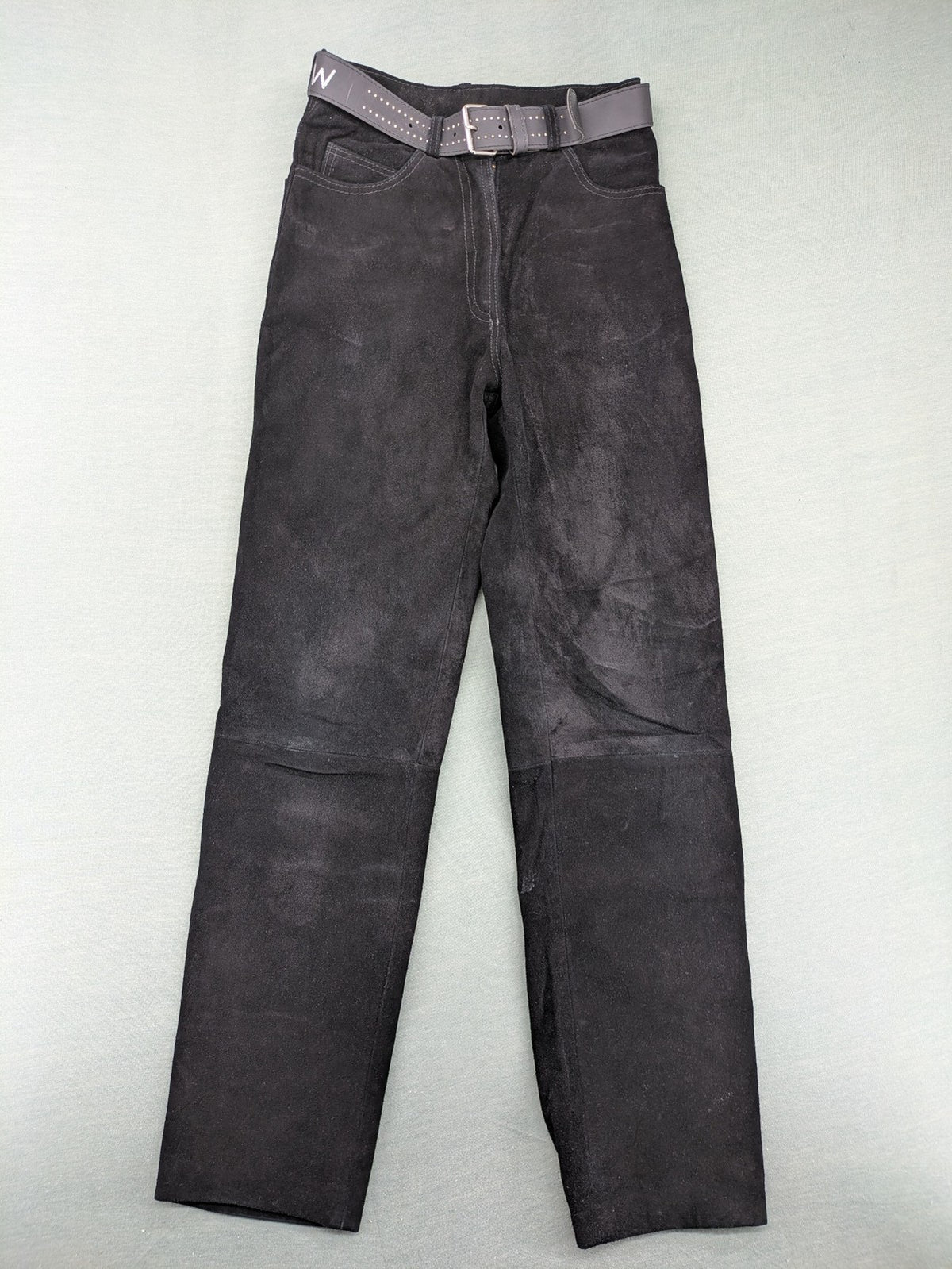 Silhouette black vintage pants high-waisted genuine suede five-pocket style with studded belt.