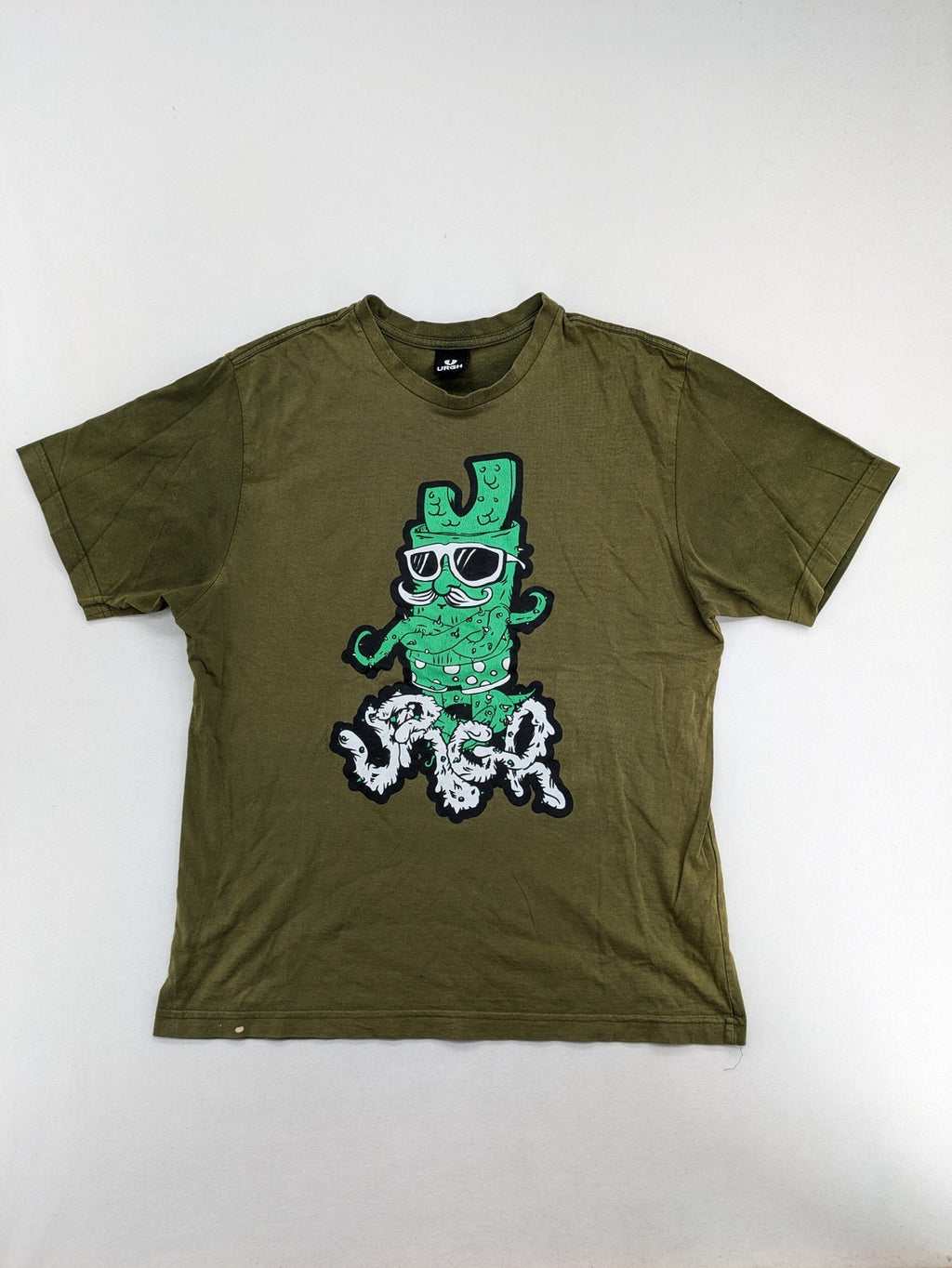 Urgh graphic t-shirt olive green large cactus print front, small logo detail back.