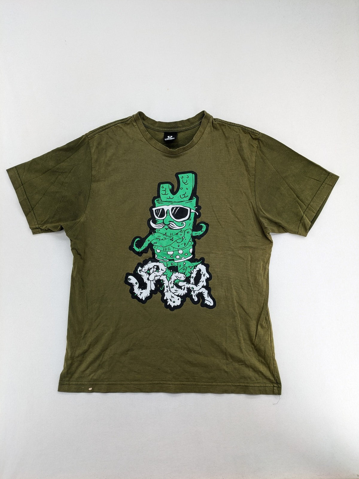 Urgh graphic t-shirt olive green large cactus print front, small logo detail back.