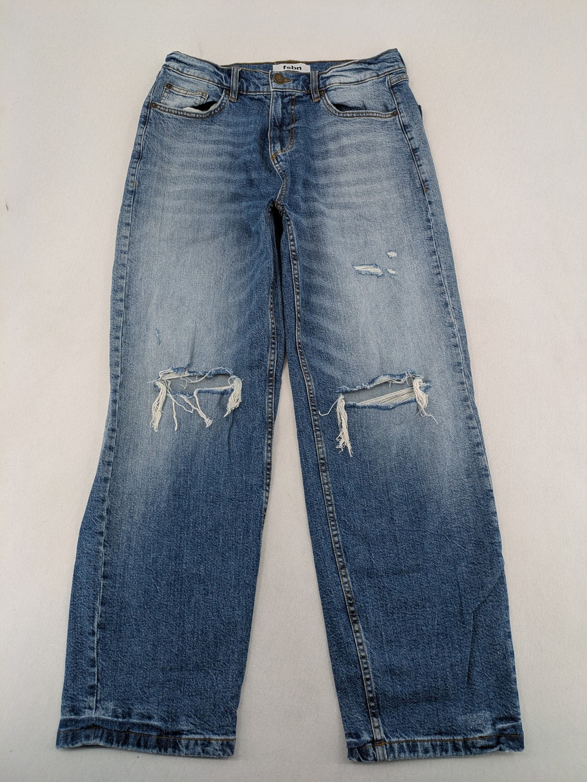 FSBN blue straight jeans with ripped distressed knees and classic button fly.