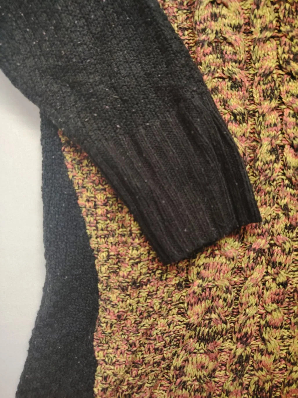 angel of style turtle neck jumper black brown yellow colorblock design with cable knit pattern