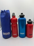 SIGG blue thermos set with red accents, durable aluminum, stylish outdoor design.