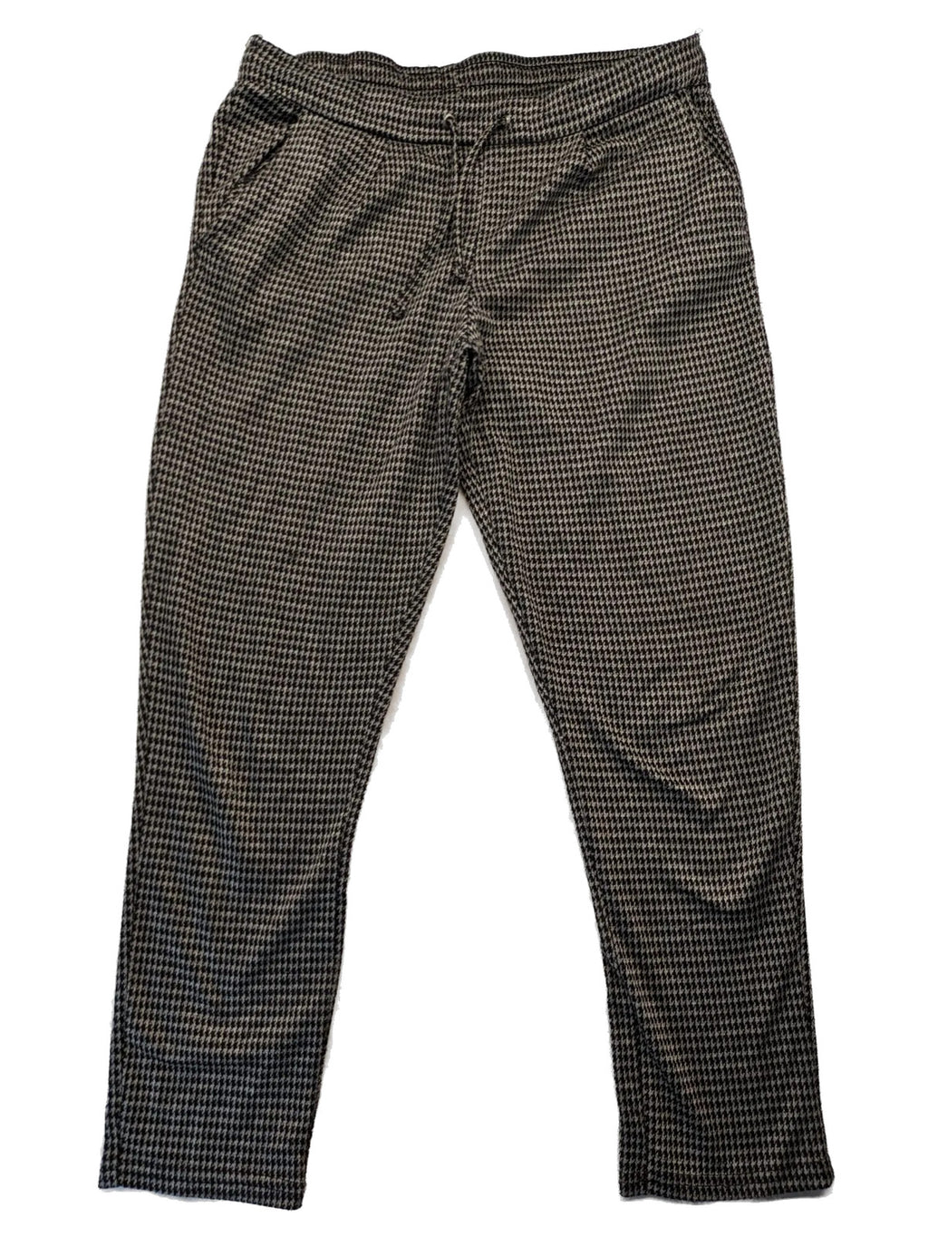 UP2FASHION beige and brown houndstooth pants with adjustable drawstring and soft stretch material.
