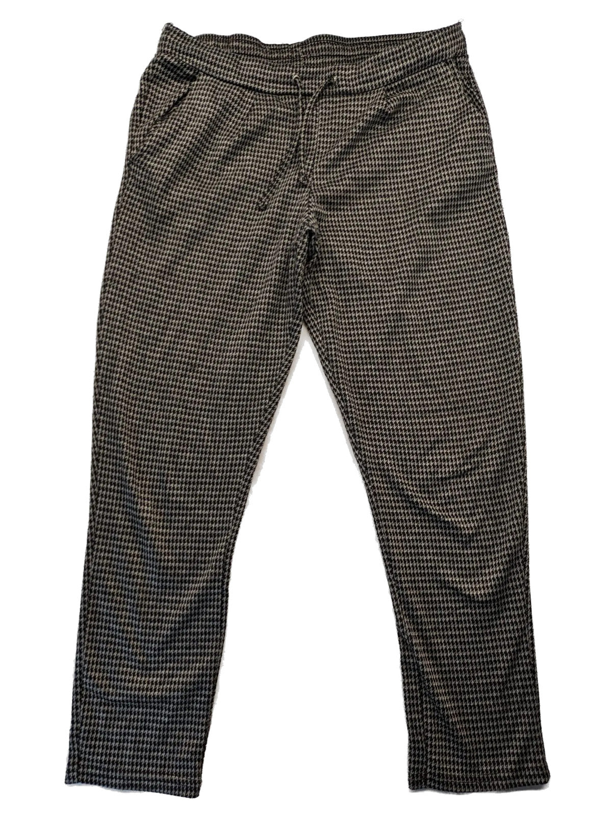 UP2FASHION beige and brown houndstooth pants with adjustable drawstring and soft stretch material.