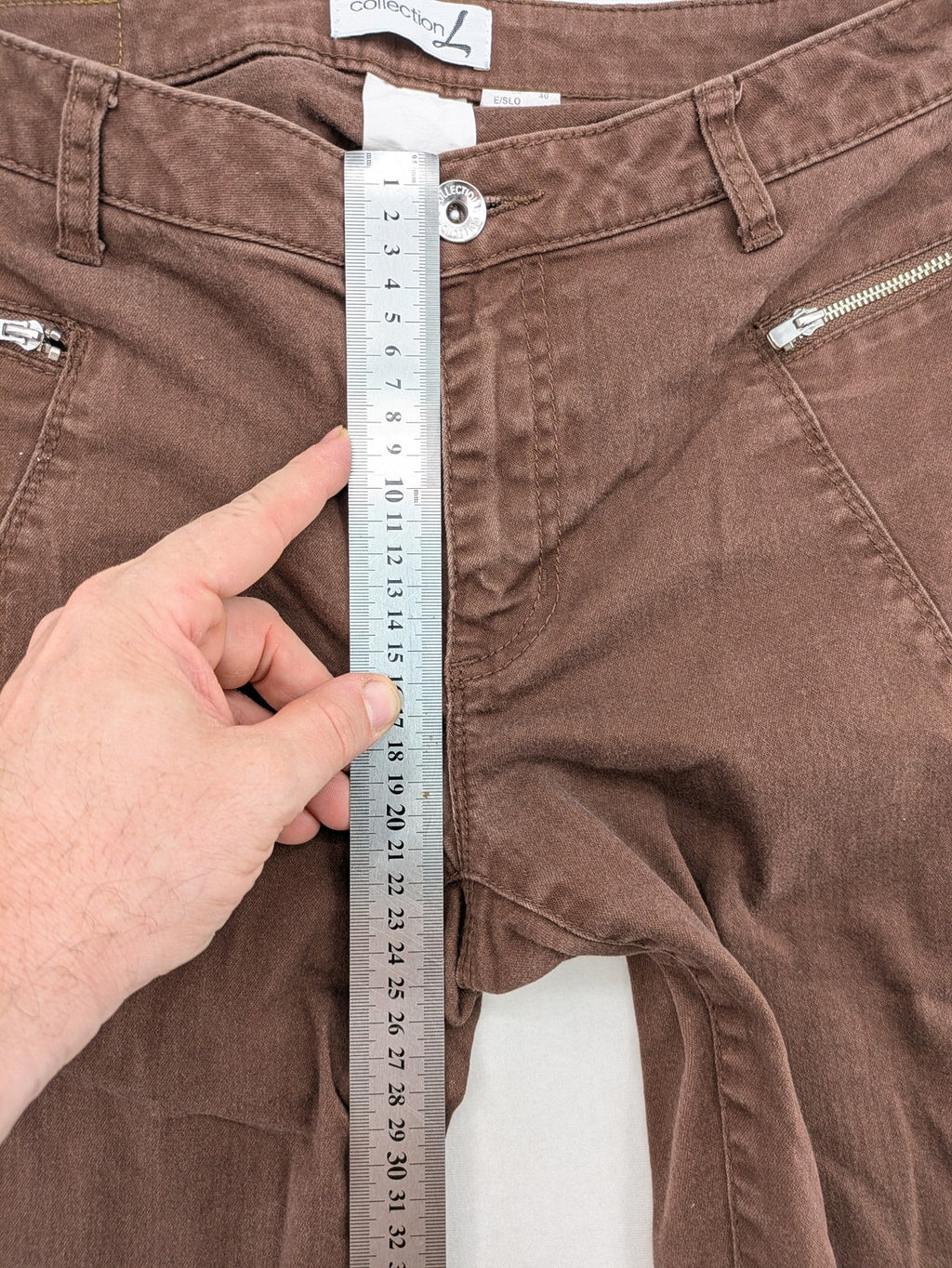 collection L brown pants cotton-stretch slim fit with diagonal zip pockets