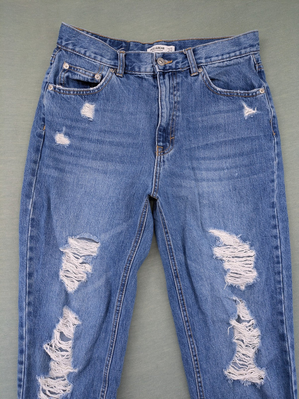 Pull&Bear blue mom jeans high waist distressed ripped design 100% cotton 5-pocket style