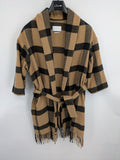 Reserved cream coat with brown and black check pattern, fringe hem, wool blend material.
