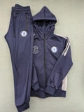 Chelsea FC grey and navy tracksuit set with full zip hoodie and three logos.