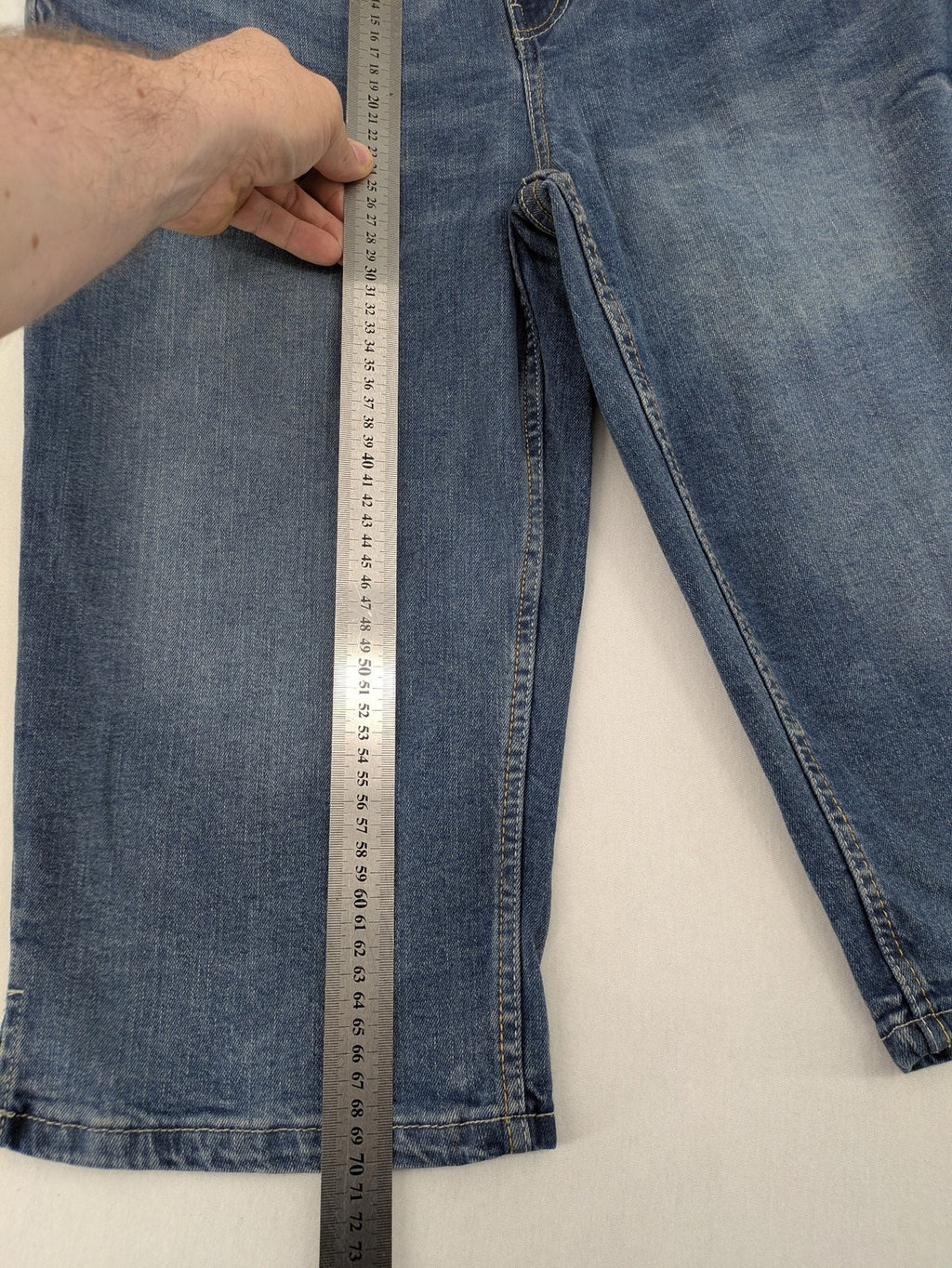Up Fashion blue denim capri shorts, 5-pocket style, elastic waistband, soft cotton blend.