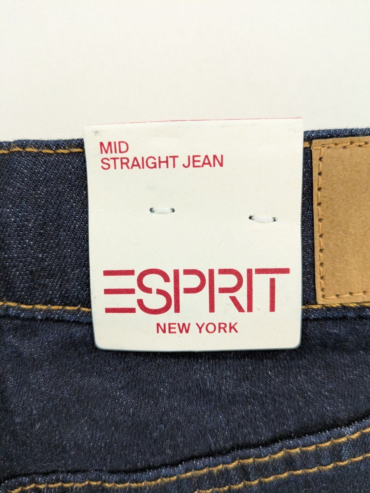 Esprit blue straight leg jeans mid rise with classic 5-pocket design and contrast stitching.