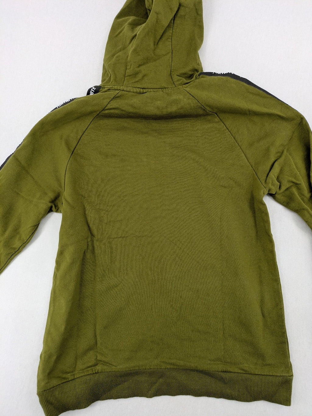 Fortnite green camo hoodie with black logo, contrasting hood, and logo taping on sleeves.