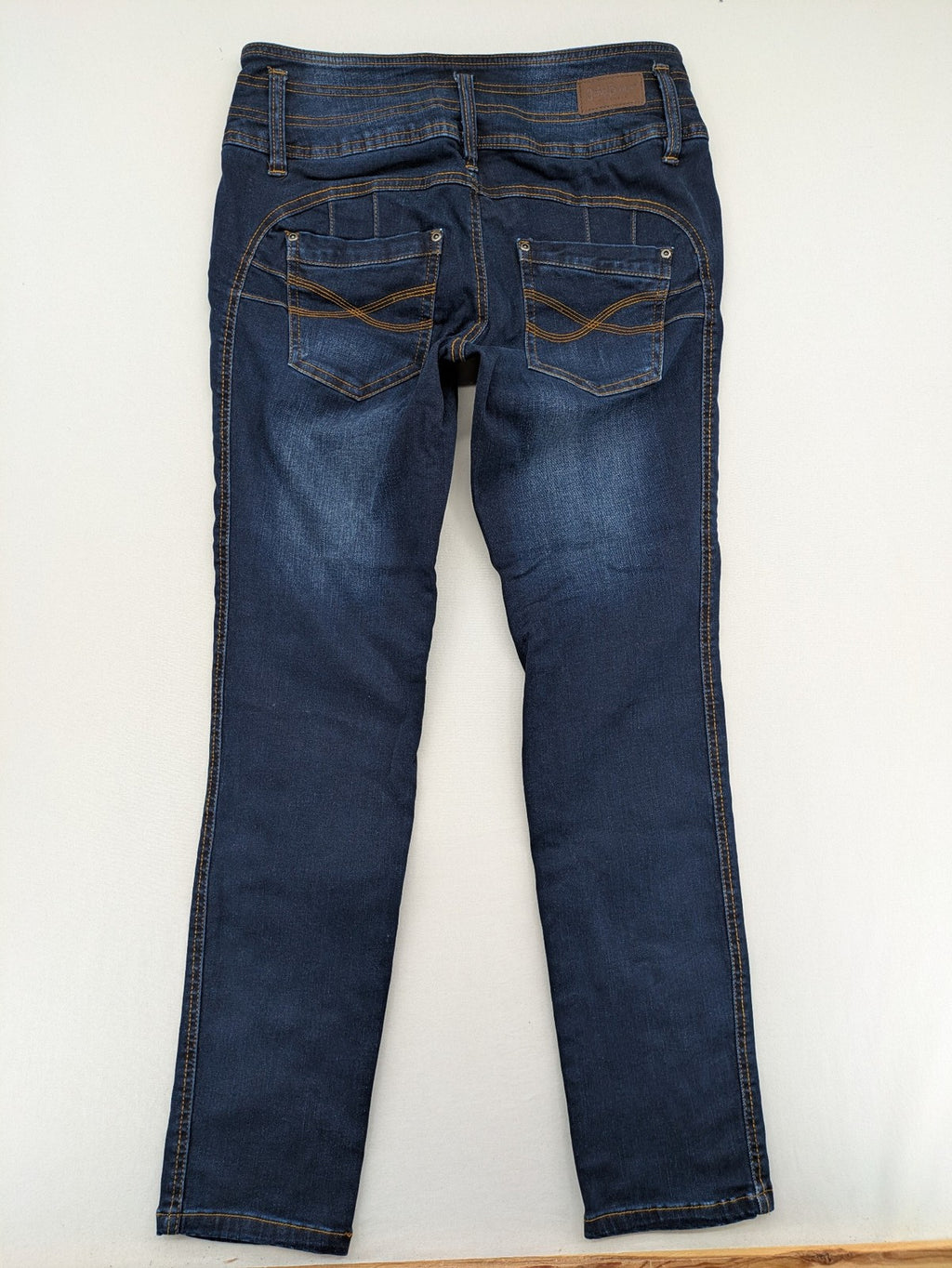 john baner blue high rise skinny jeans three-button fly subtle fading stretch denim
