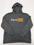 Pornhub grey zip-through hoodie with prominent logo and kangaroo pocket, cotton blend.