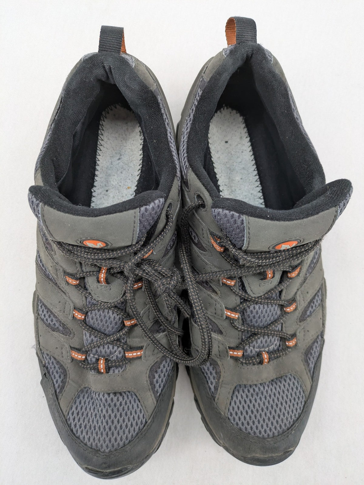 Merrell grey hiking shoes with Gore-Tex membrane and Vibram sole for traction.