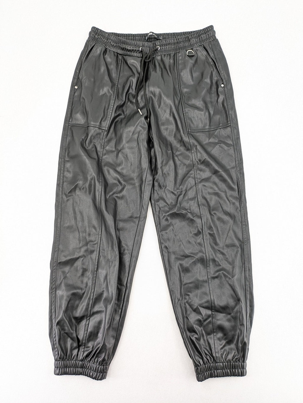 FB Sister grey jogger pants high waist with elastic waistband and drawstring, faux leather material.