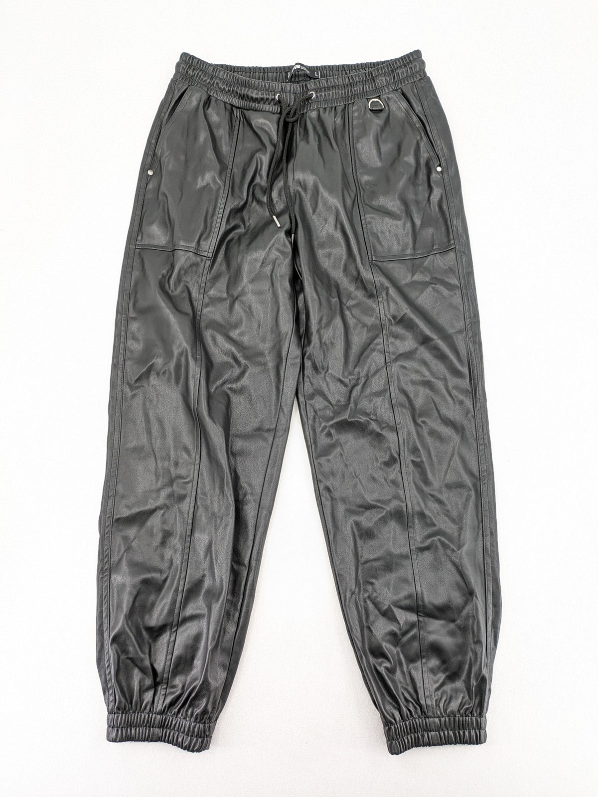 FB Sister grey jogger pants high waist with elastic waistband and drawstring, faux leather material.