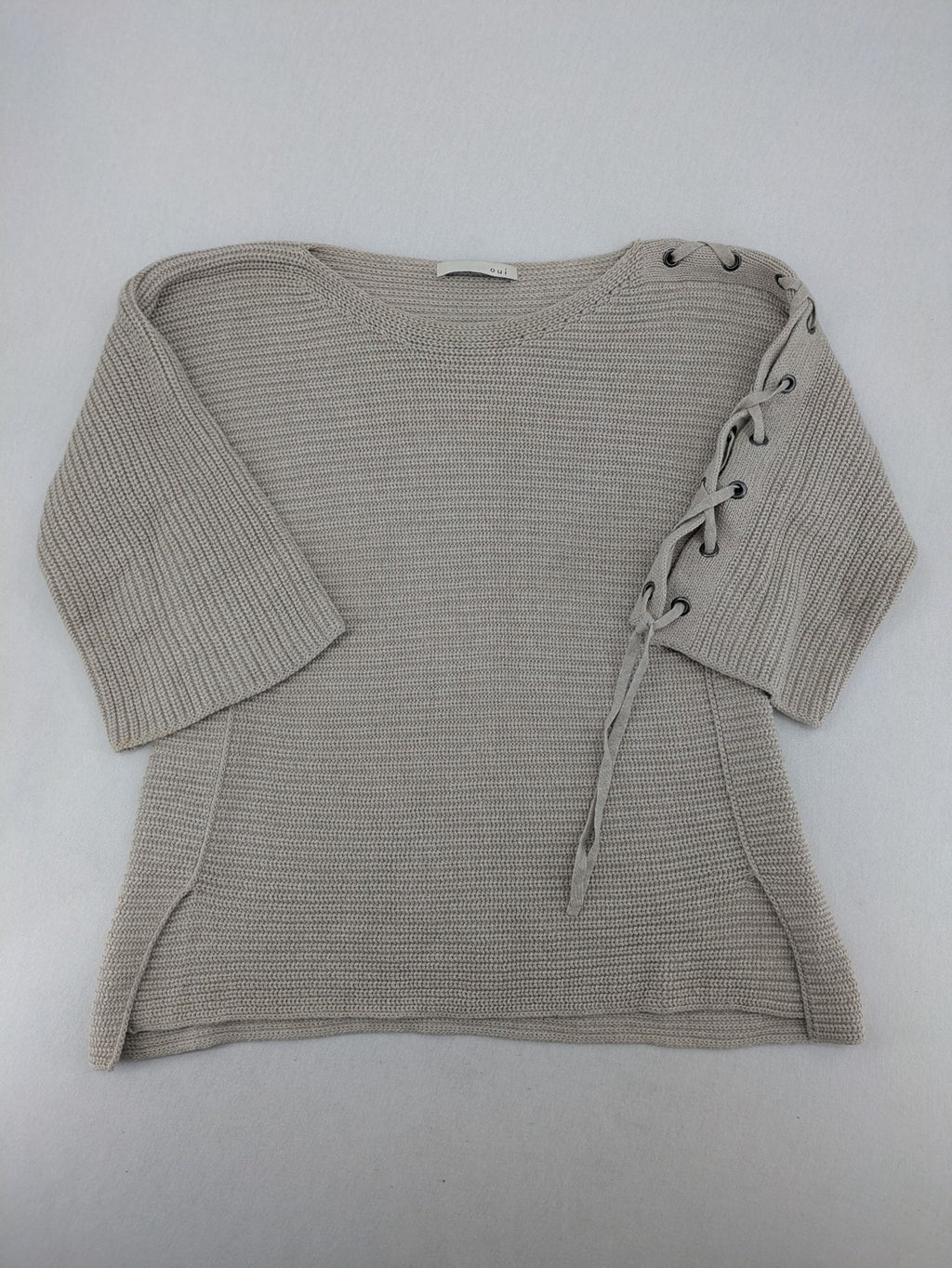 Oui knit jumper beige with lace-up sleeve details and 3/4 length arms.