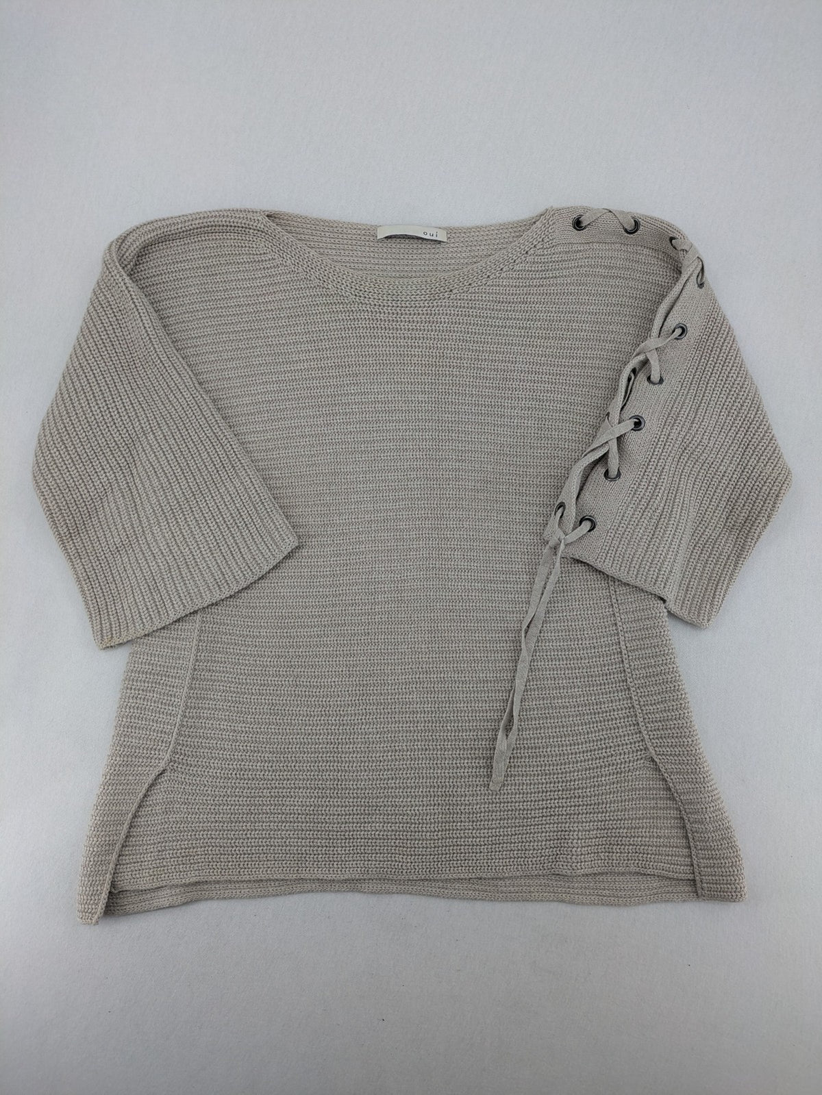 Oui knit jumper beige with lace-up sleeve details and 3/4 length arms.