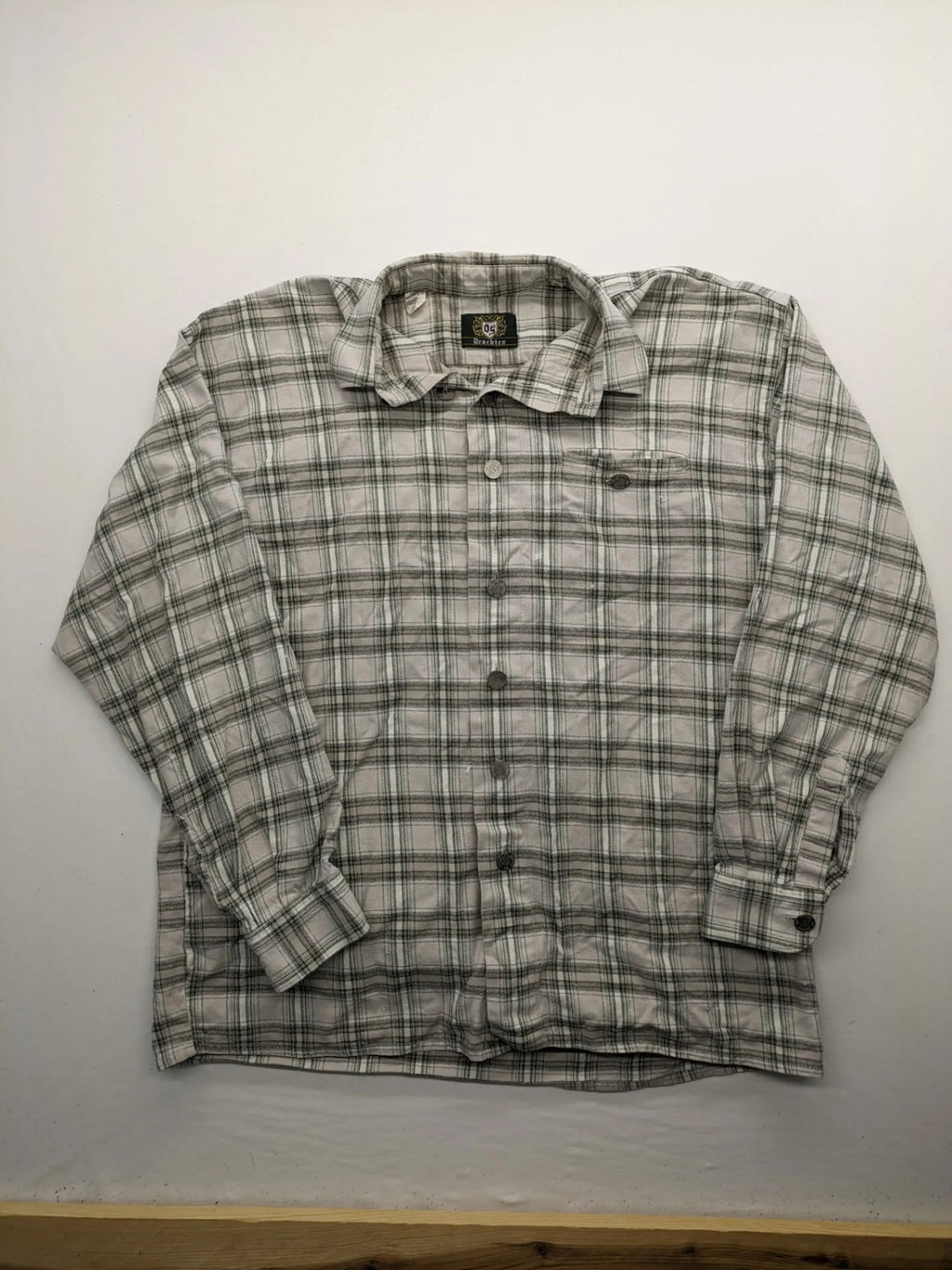OS Trachten beige green checkered long sleeve shirt with button-up front and chest pocket.