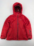 Patagonia red winter coat with hood, zip closure, snow skirt, and ski pass pocket.