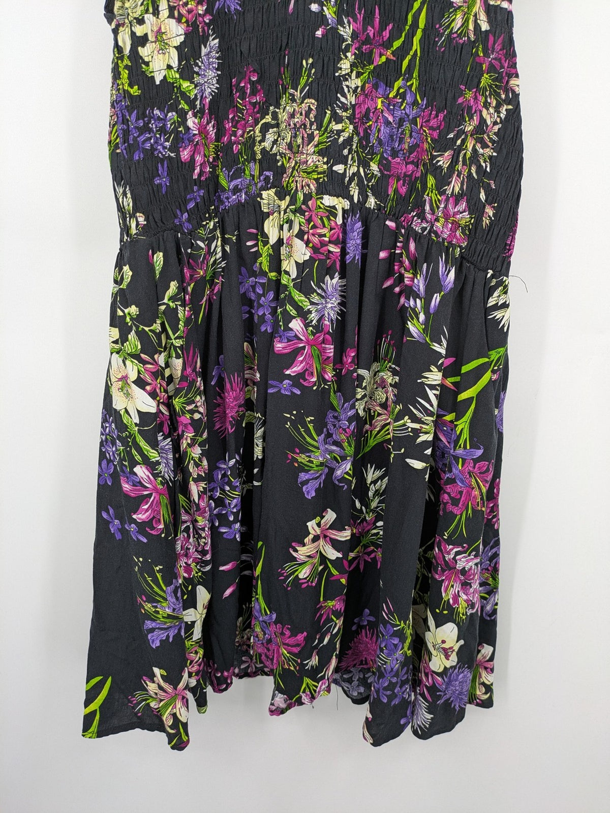 Bridal Party Dress multi floral pattern black background smocked bodice with stand-up collar