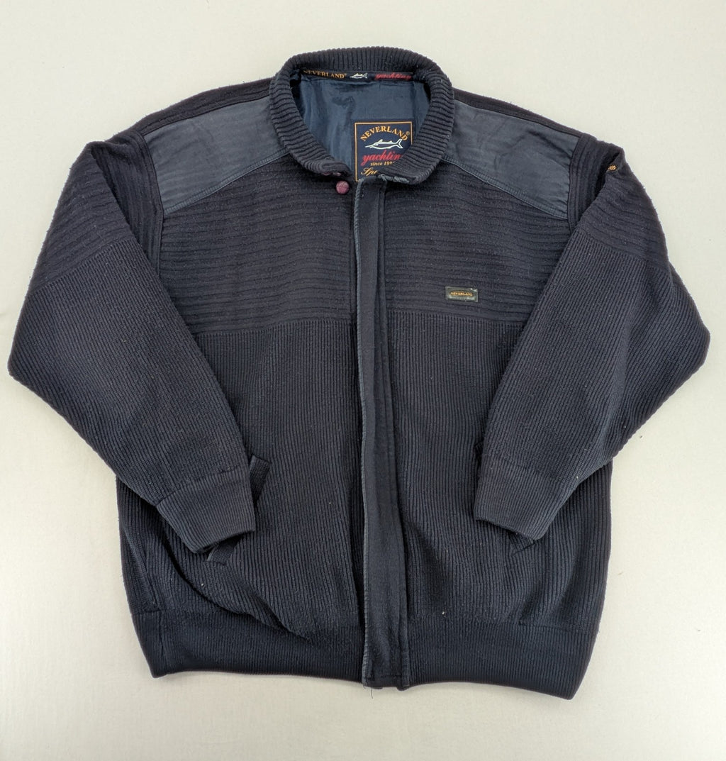 Neverland grey and navy full zip turtle neck jumper with ribbed knit and shoulder patches.