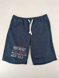 Livergy blue sweatshorts with "Northeast Sailors" graphic print and elastic waistband.