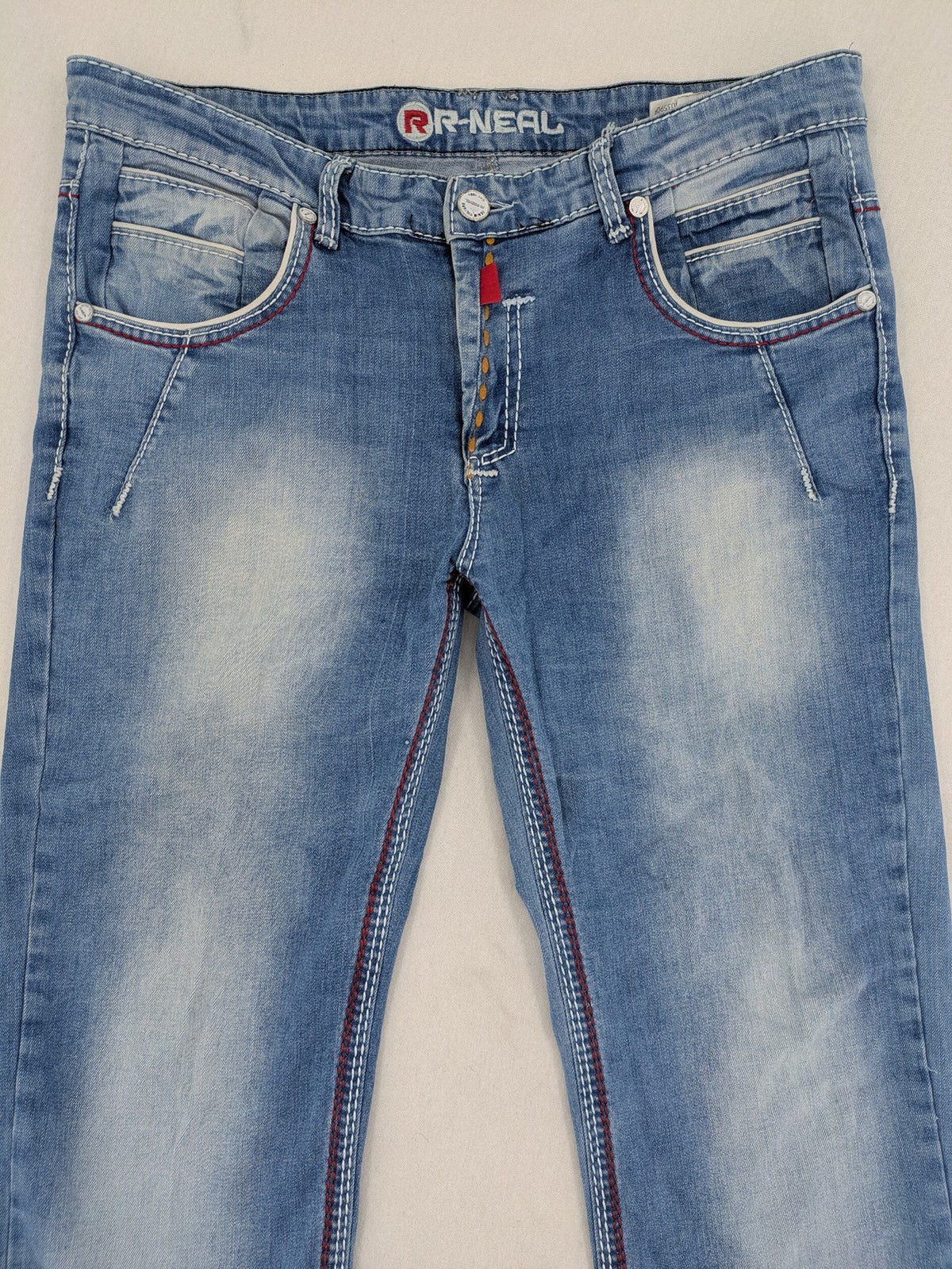 R-Neal blue straight jeans with red-white contrast stitching and classic 5-pocket design.