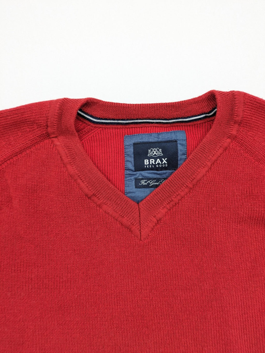 BRAX red turtle neck jumper V-neck design made from merino wool and cotton blend.