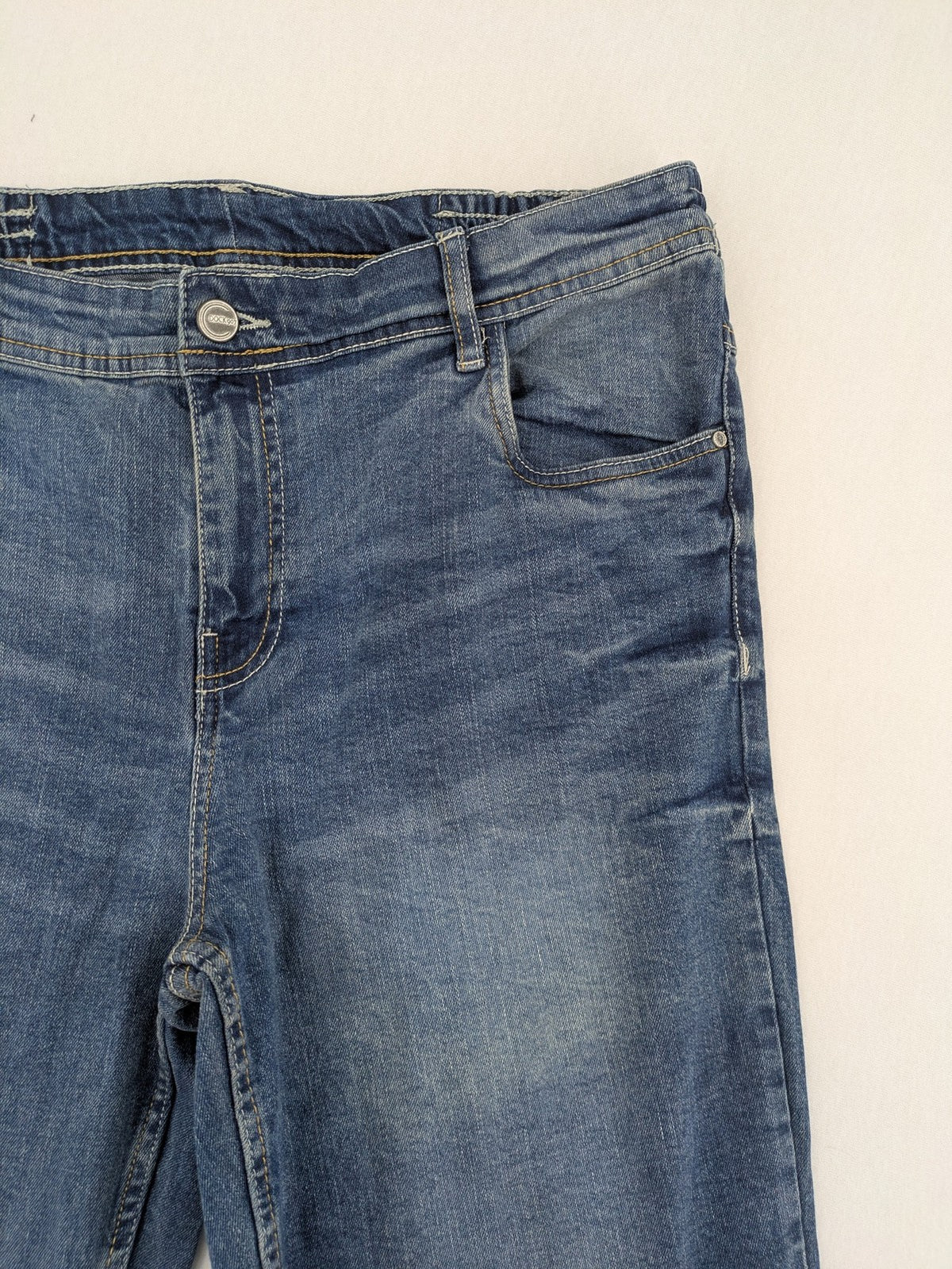 Up Fashion blue denim capri shorts, 5-pocket style, elastic waistband, soft cotton blend.