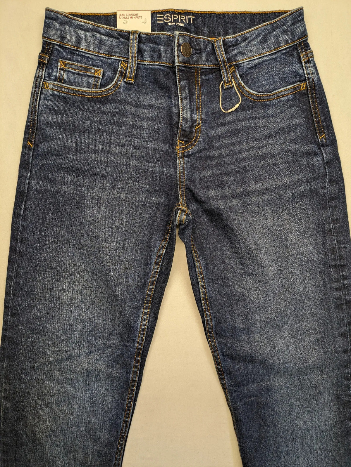 Esprit blue straight leg jeans mid rise 5-pocket design with zipper, dark wash.