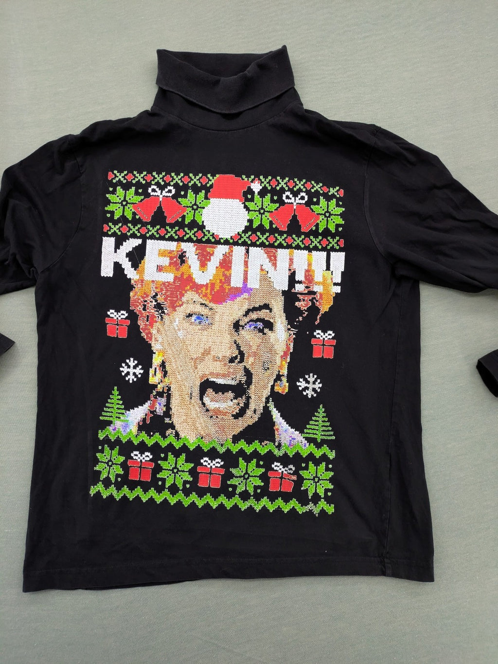 Home Alone turtle neck jumper multi colour sequin design featuring Kate McCallister.