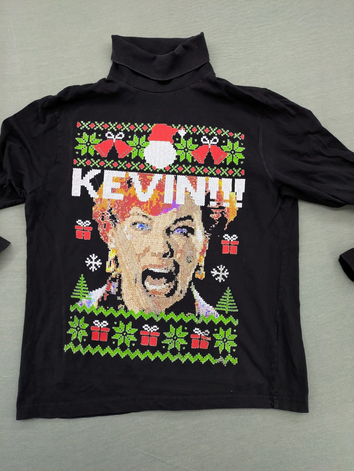 Home Alone turtle neck jumper multi colour sequin design featuring Kate McCallister.