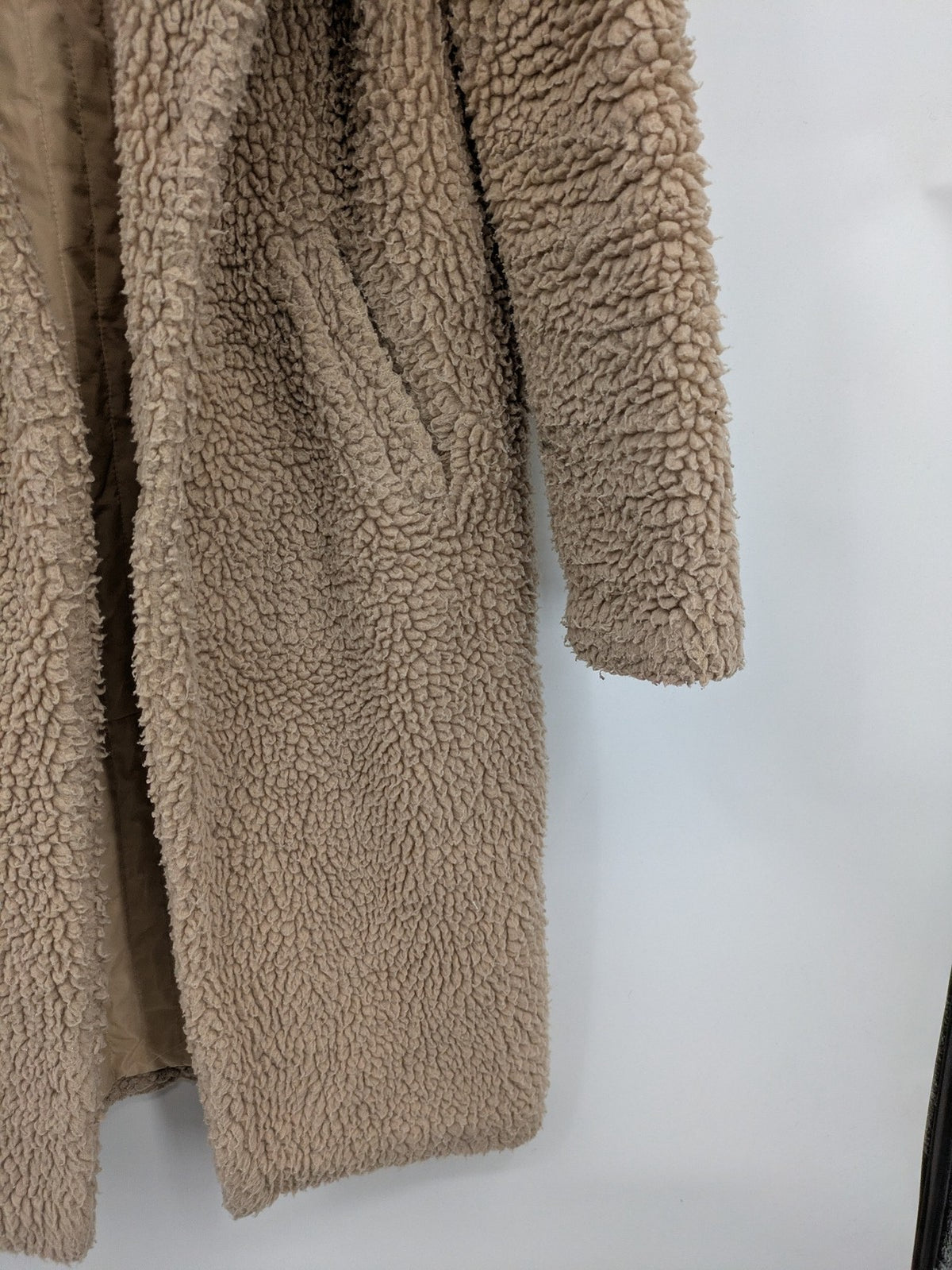 Clockhouse beige teddy coat longline design soft faux fur material with notched collar.