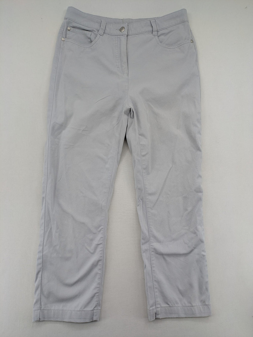 Chino grey capri pants five-pocket design with subtle embroidery and stretch cotton blend.